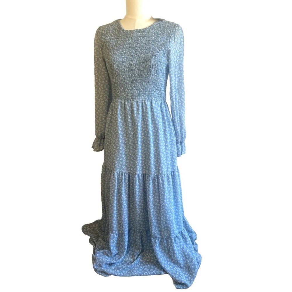 BTFBM Blue Floral Prairie Dress - Smocked Bodice Midi, Size Medium